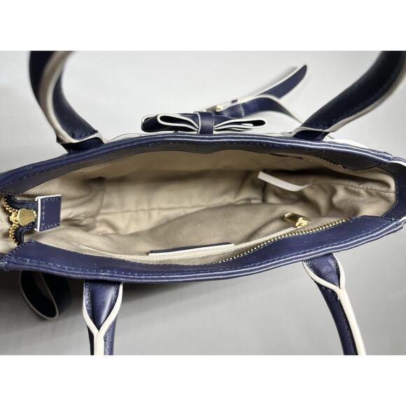 Talbots Crossbody Leather Tote Shoulder Bag Navy Blue Handbag Purse Bow Zip Top - Picture 4 of 9